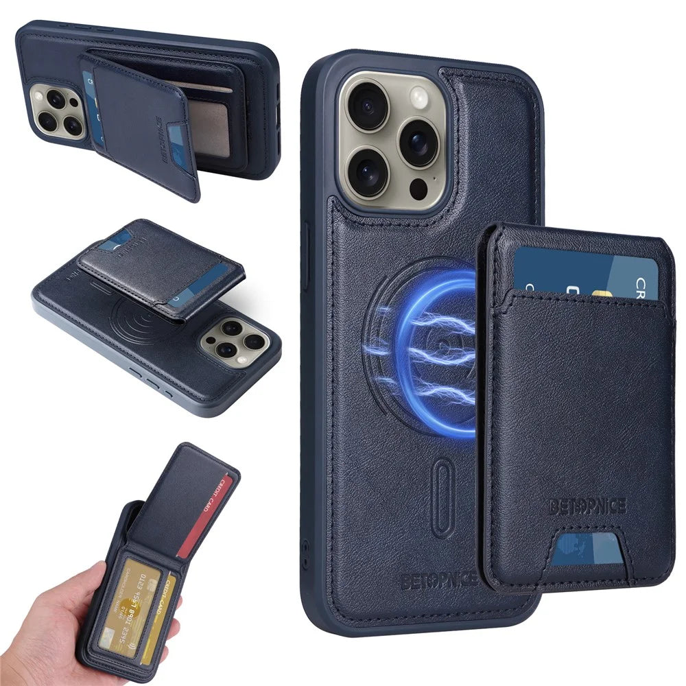 BETOPNICE For iPhone 15 Pro Max Magnetic Case  RFID Blocking Leather Phone Back Cover with Detachable Card Bag - Blue - 1