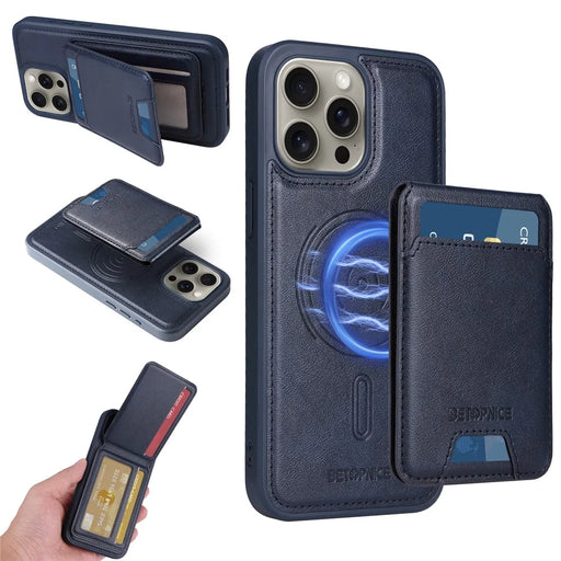 BETOPNICE For iPhone 15 Pro Max Magnetic Case  RFID Blocking Leather Phone Back Cover with Detachable Card Bag - Blue - 1