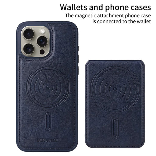 BETOPNICE For iPhone 15 Pro Max Magnetic Case  RFID Blocking Leather Phone Back Cover with Detachable Card Bag - Blue - 2