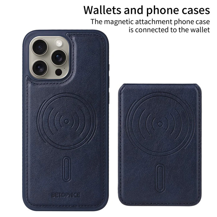 BETOPNICE For iPhone 15 Pro Max Magnetic Case  RFID Blocking Leather Phone Back Cover with Detachable Card Bag - Blue - 2