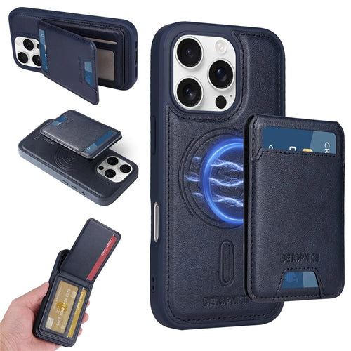 BETOPNICE For iPhone 16 Pro Magnetic Case  RFID Blocking Leather Phone Back Cover with Detachable Card Bag - Blue - 1
