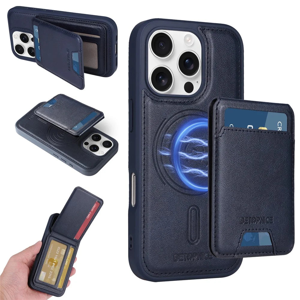 BETOPNICE For iPhone 16 Pro Magnetic Case  RFID Blocking Leather Phone Back Cover with Detachable Card Bag - Blue - 1
