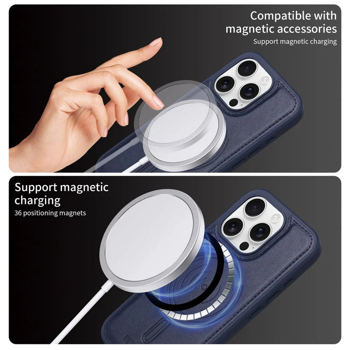 BETOPNICE For iPhone 16 Pro Magnetic Case  RFID Blocking Leather Phone Back Cover with Detachable Card Bag - Blue - 4