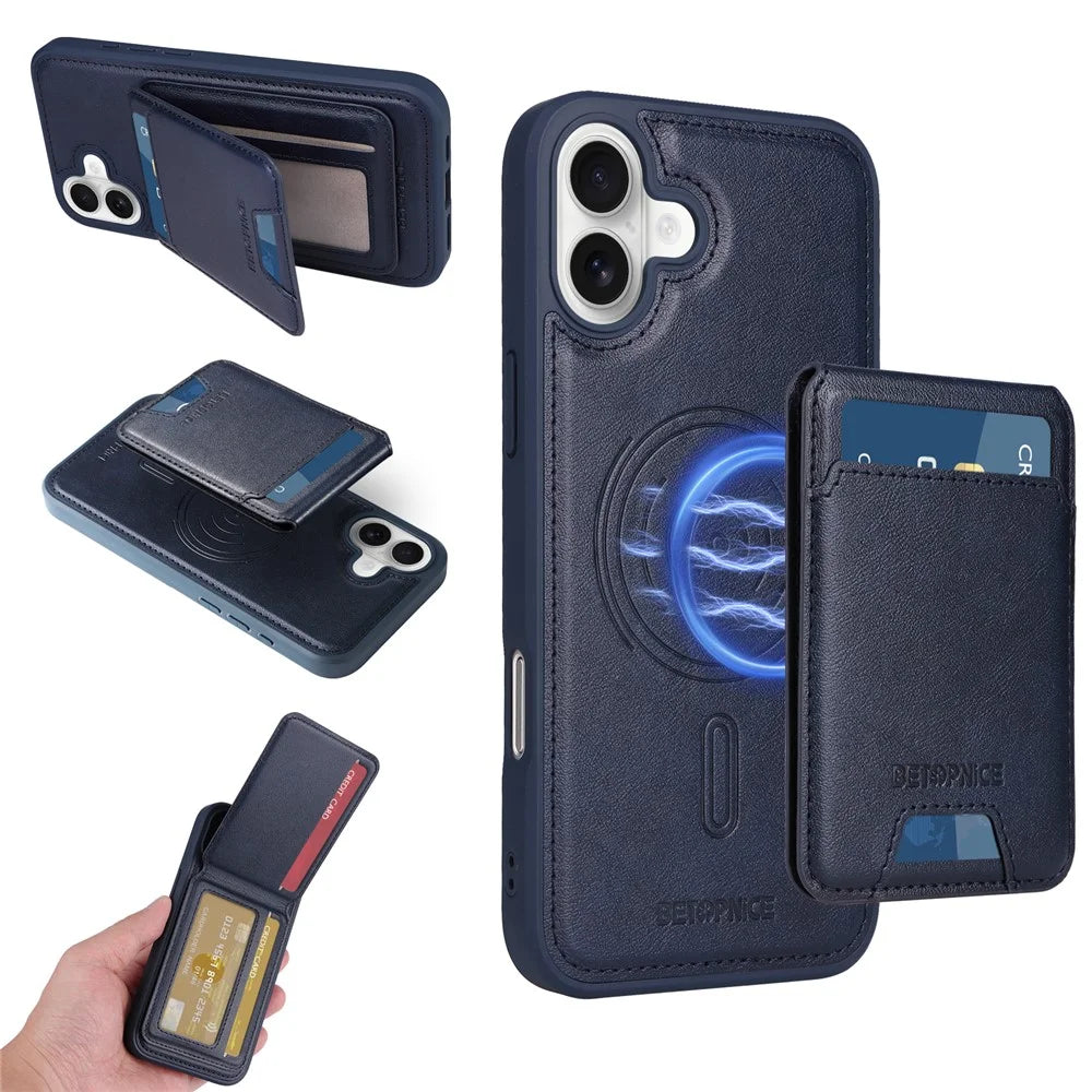 BETOPNICE For iPhone 16 Plus Magnetic Case  RFID Blocking Leather Phone Back Cover with Detachable Card Bag - Blue - 1
