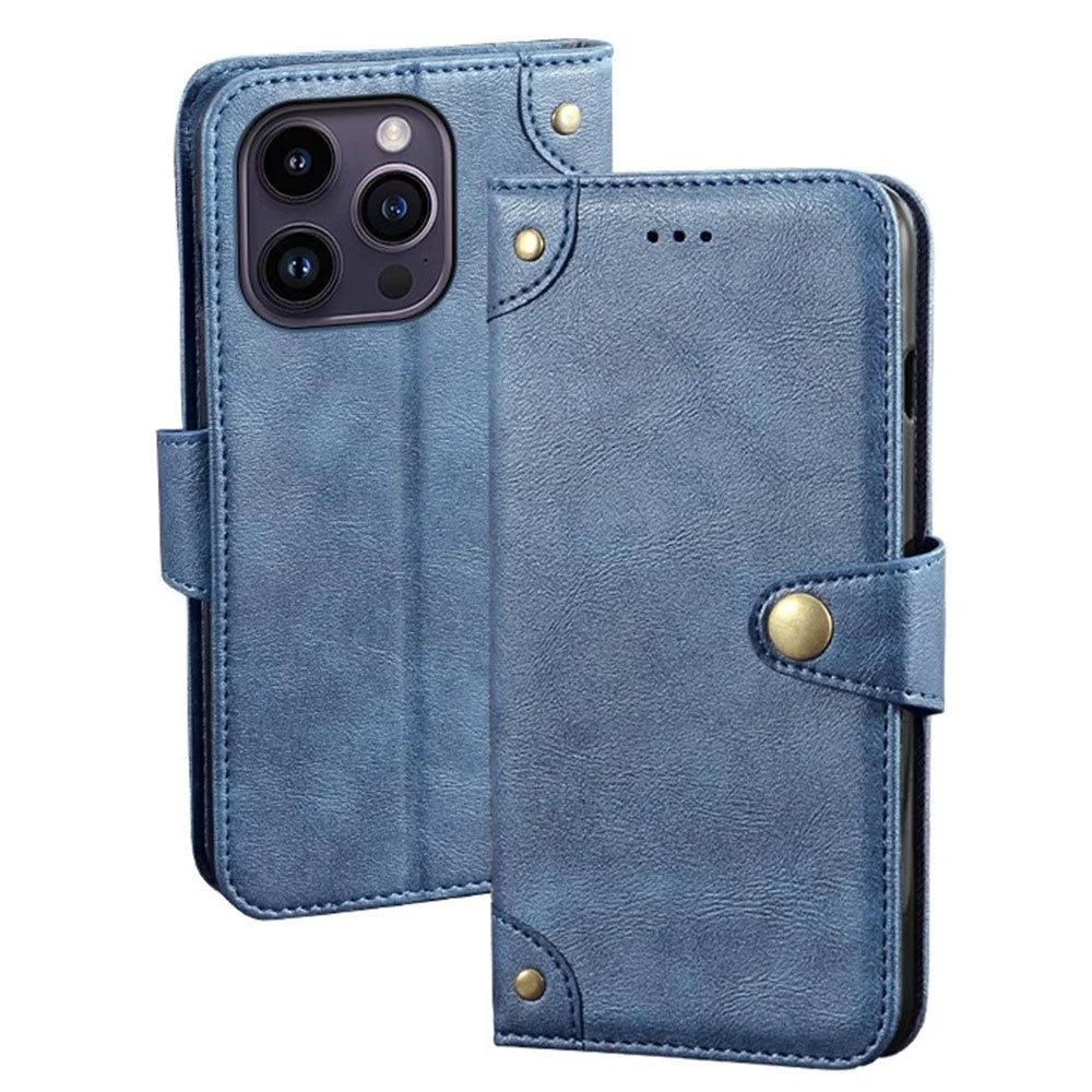 IDEWEI For iPhone 14 Pro Max Gold Button Decor Anti-dust Phone Case Fine Texture PU Leather Wallet Stand Phone Cover - Blue - 1