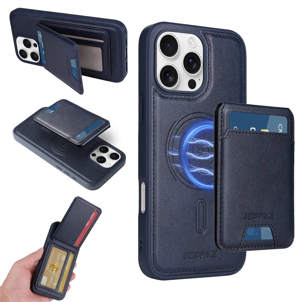 BETOPNICE For iPhone 16 Pro Max Magnetic Case  RFID Blocking Leather Phone Back Cover with Detachable Card Bag - Blue - 1