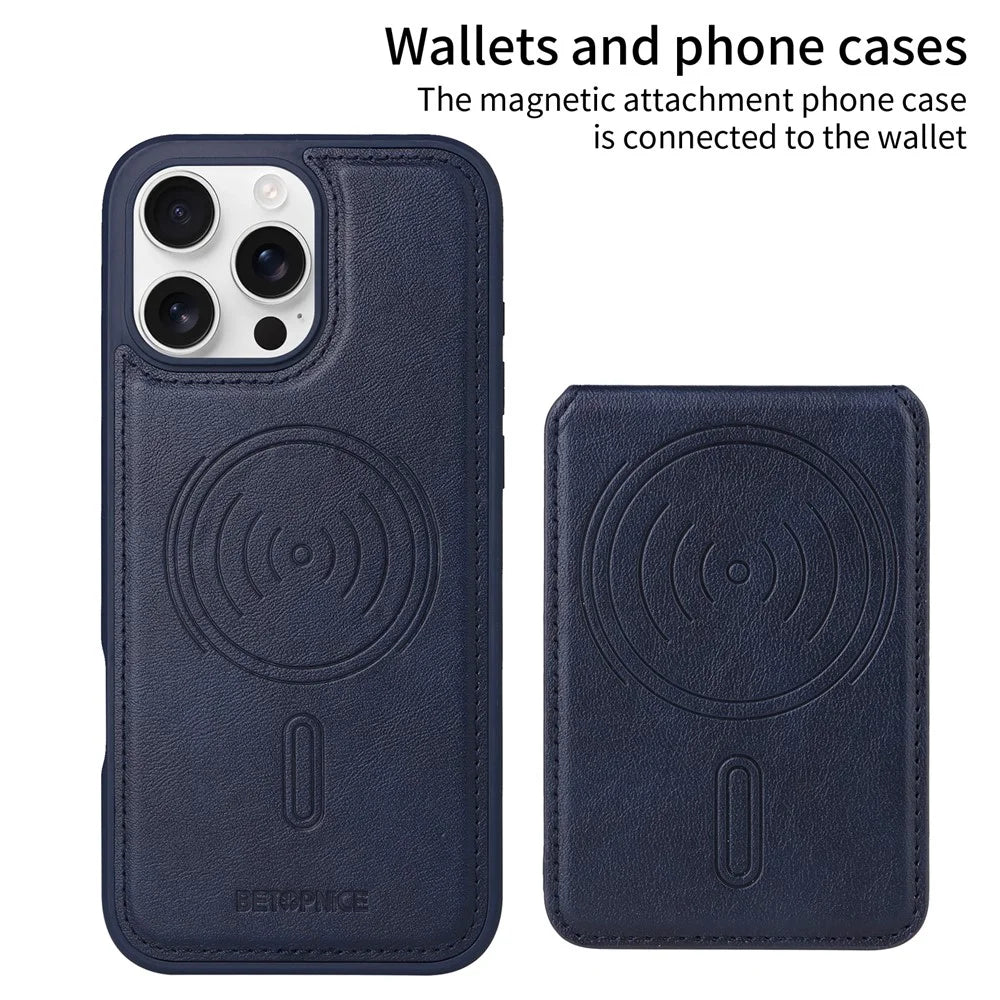 BETOPNICE For iPhone 16 Pro Max Magnetic Case  RFID Blocking Leather Phone Back Cover with Detachable Card Bag - Blue - 2
