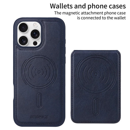 BETOPNICE For iPhone 16 Pro Max Magnetic Case  RFID Blocking Leather Phone Back Cover with Detachable Card Bag - Blue - 2
