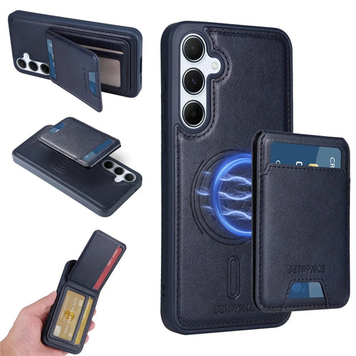 BETOPNICE For Samsung Galaxy A55 5G Magnetic Case  RFID Blocking Leather Phone Back Cover with Detachable Card Bag - Blue - 1