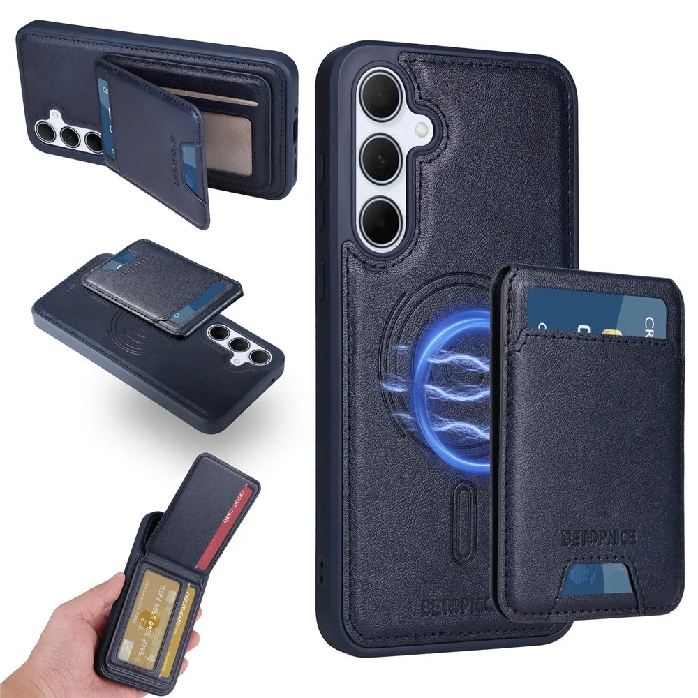 BETOPNICE For Samsung Galaxy A35 5G Magnetic Case  RFID Blocking Leather Phone Back Cover with Detachable Card Bag - Blue - 1