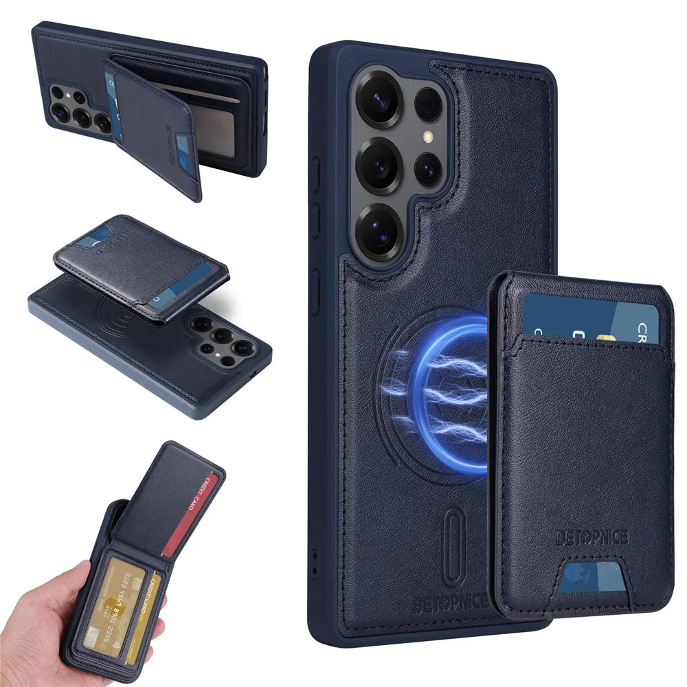 BETOPNICE For Samsung Galaxy S25 Ultra Magnetic Case  RFID Blocking Leather Phone Back Cover with Detachable Card Bag - Blue - 1