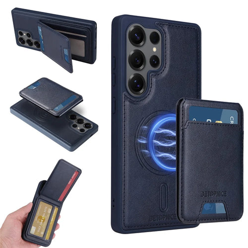 BETOPNICE For Samsung Galaxy S25 Ultra Magnetic Case  RFID Blocking Leather Phone Back Cover with Detachable Card Bag - Blue - 1
