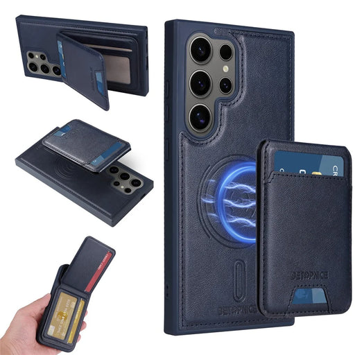 BETOPNICE For Samsung Galaxy S24 Ultra Magnetic Case  RFID Blocking Leather Phone Back Cover with Detachable Card Bag - Blue - 1