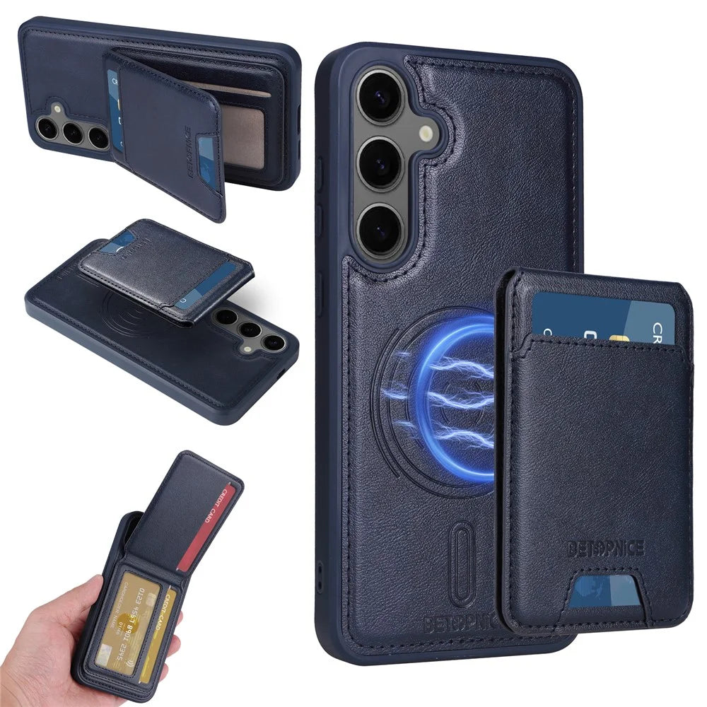 BETOPNICE For Samsung Galaxy S24+ Magnetic Case  RFID Blocking Leather Phone Back Cover with Detachable Card Bag - Blue - 1