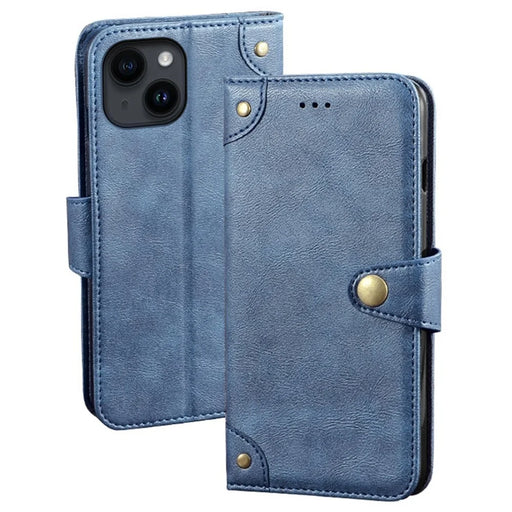 IDEWEI For iPhone 14 Anti-Scratch Phone Case Fine Texture PU Leather Wallet Stand Phone Cover - Blue - 1
