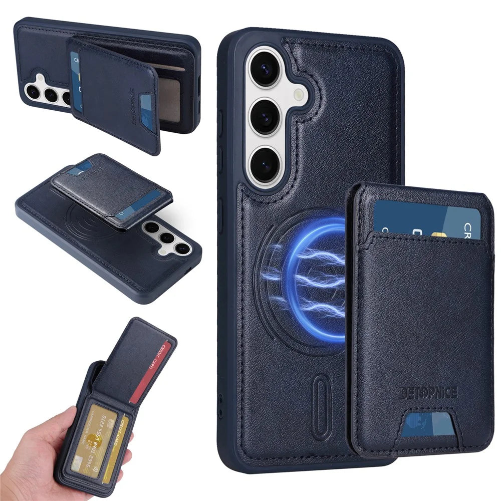 BETOPNICE For Samsung Galaxy S24 Magnetic Case  RFID Blocking Leather Phone Back Cover with Detachable Card Bag - Blue - 1
