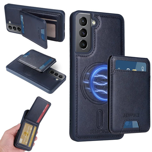 BETOPNICE For Samsung Galaxy S21 4G Magnetic Case  RFID Blocking Leather Phone Back Cover with Detachable Card Bag - Blue - 1