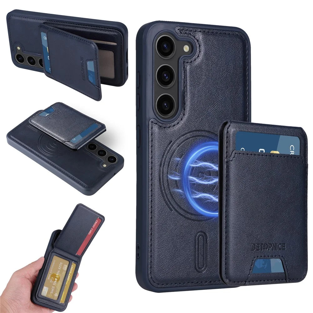 BETOPNICE For Samsung Galaxy S23 Magnetic Case  RFID Blocking Leather Phone Back Cover with Detachable Card Bag - Blue - 1