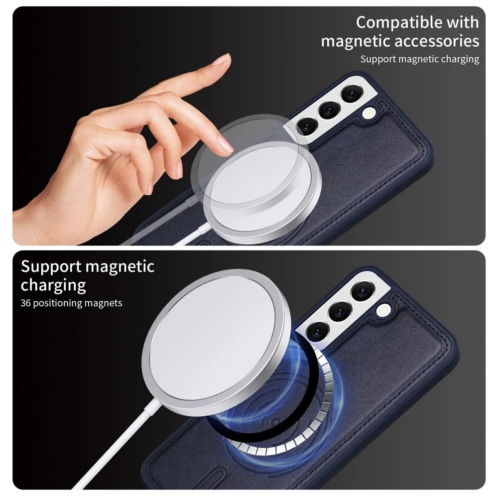 BETOPNICE For Samsung Galaxy S22 5G Magnetic Case  RFID Blocking Leather Phone Back Cover with Detachable Card Bag - Blue - 4