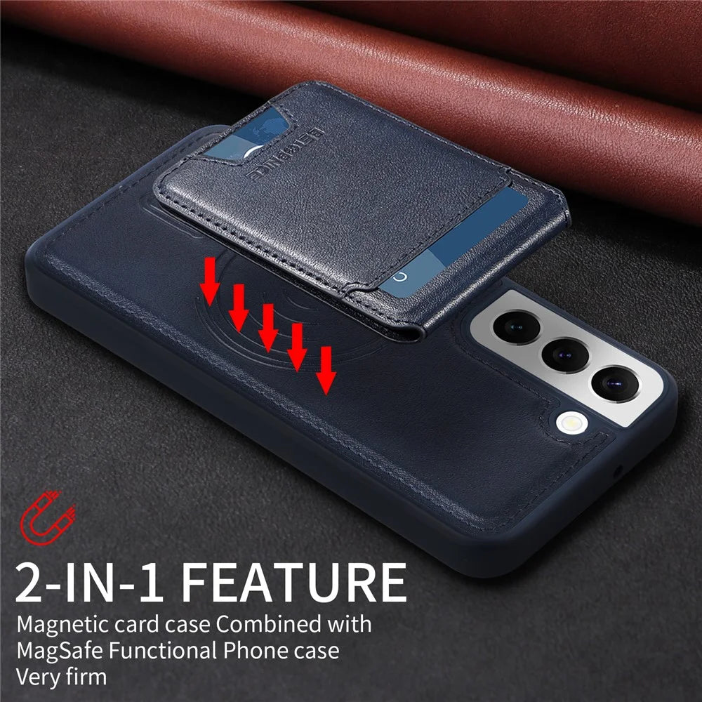 BETOPNICE For Samsung Galaxy S22 5G Magnetic Case  RFID Blocking Leather Phone Back Cover with Detachable Card Bag - Blue - 5