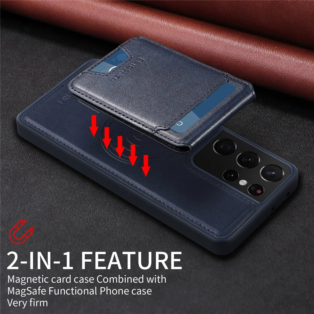 BETOPNICE For Samsung Galaxy S21 Ultra 5G Magnetic Case  RFID Blocking Leather Phone Back Cover with Detachable Card Bag - Blue - 5