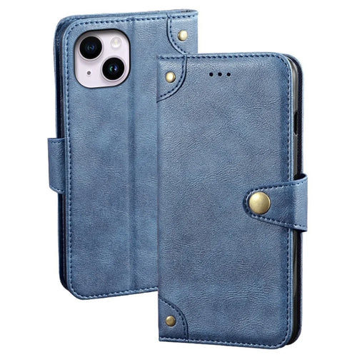 IDEWEI Anti-fingerprint Mobile Phone Case for iPhone 14 Plus, Fine Texture PU Leather Wallet Stand Phone Cover - Blue - 1
