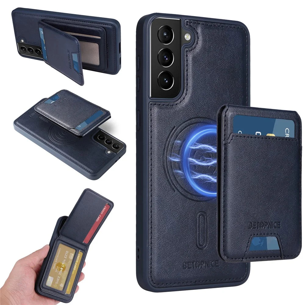 BETOPNICE For Samsung Galaxy S21+ 5G Magnetic Case  RFID Blocking Leather Phone Back Cover with Detachable Card Bag - Blue - 1