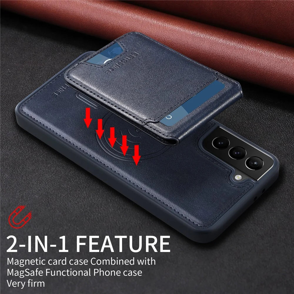 BETOPNICE For Samsung Galaxy S21+ 5G Magnetic Case  RFID Blocking Leather Phone Back Cover with Detachable Card Bag - Blue - 5