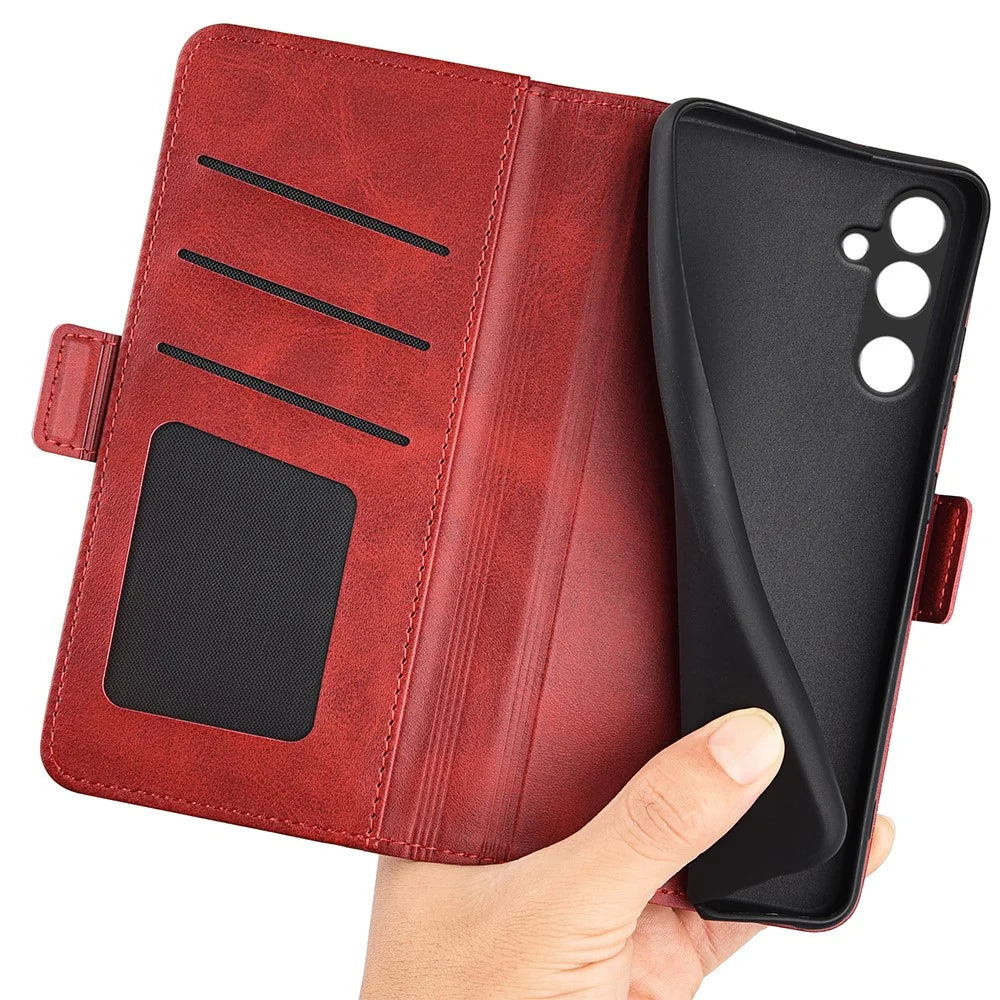 For Samsung Galaxy M16 5G Case Calf Texture Leather Wallet Phone Cover - Red - 4