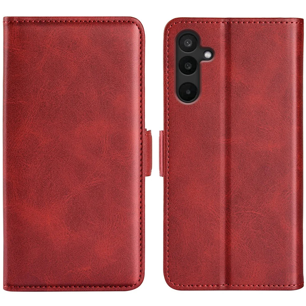 For Samsung Galaxy M16 5G Case Calf Texture Leather Wallet Phone Cover - Red - 5
