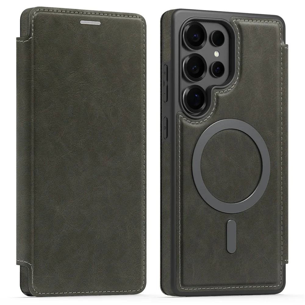 For Samsung Galaxy S25 Ultra Leather Magnetic Case RFID Blocking Card Holder Phone Cover - Titanium Grey - 1
