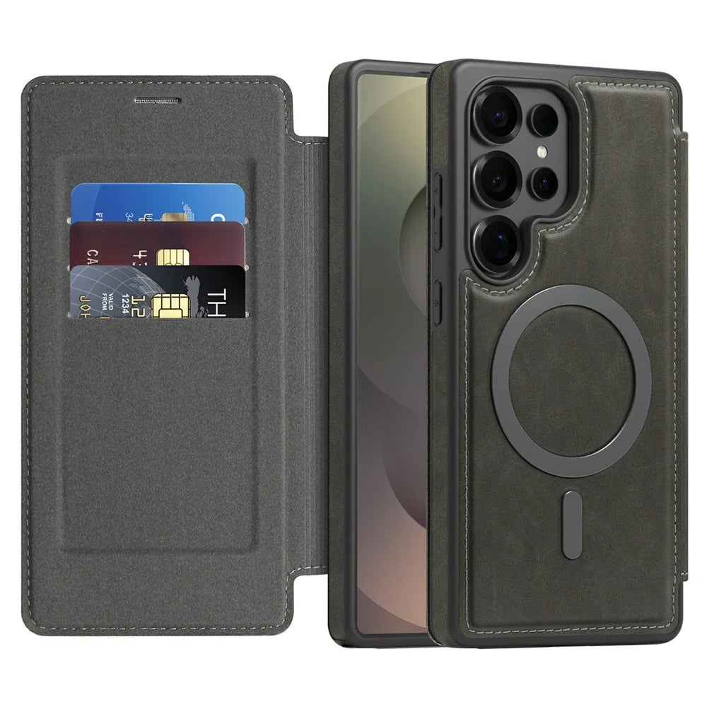 For Samsung Galaxy S25 Ultra Leather Magnetic Case RFID Blocking Card Holder Phone Cover - Titanium Grey - 2