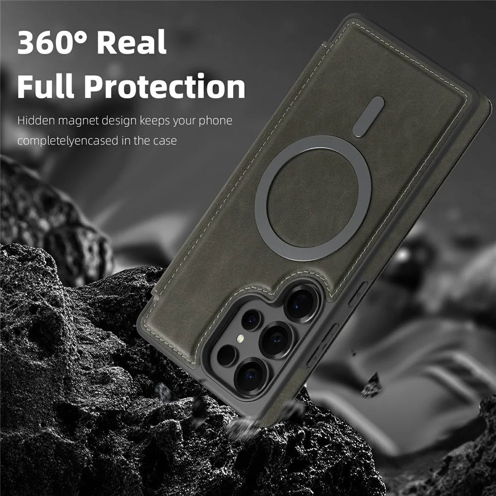 For Samsung Galaxy S25 Ultra Leather Magnetic Case RFID Blocking Card Holder Phone Cover - Titanium Grey - 6