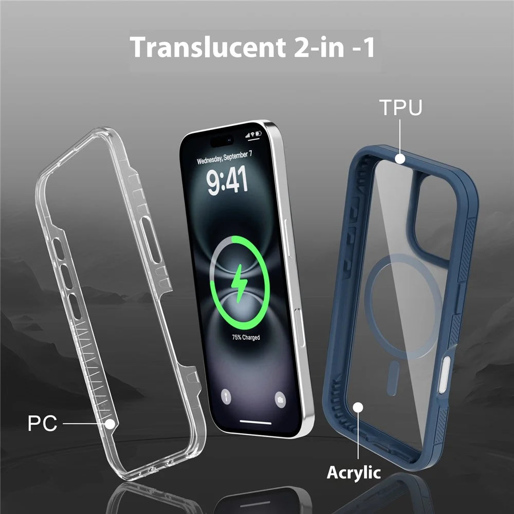 For iPhone 16 Magnetic Case Translucent Detachable 2 in 1 TPU + PC Shockproof Phone Cover - Dark Blue - 5
