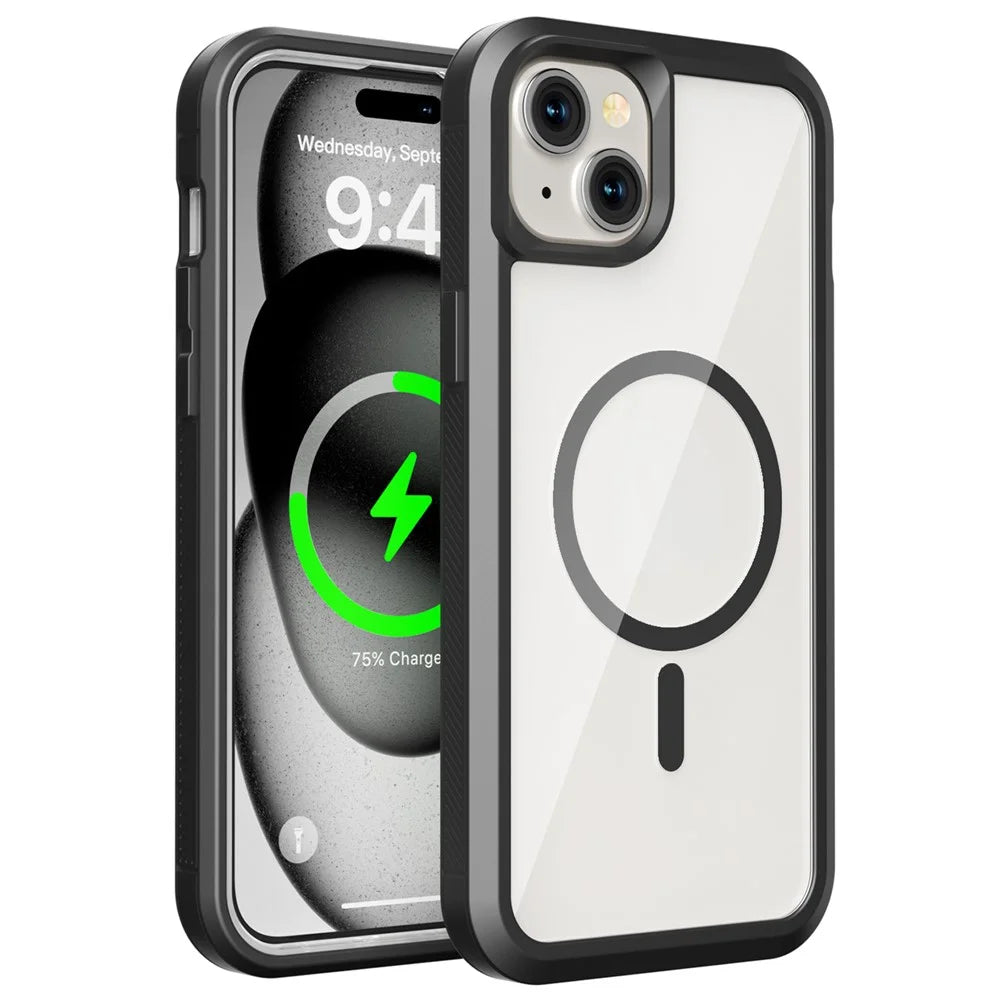 For iPhone 15 Magnetic Case Translucent Detachable 2 in 1 TPU + PC Shockproof Phone Cover - Black - 1