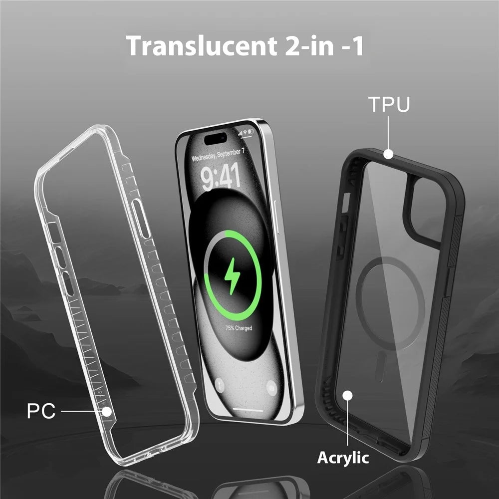 For iPhone 15 Magnetic Case Translucent Detachable 2 in 1 TPU + PC Shockproof Phone Cover - Black - 5