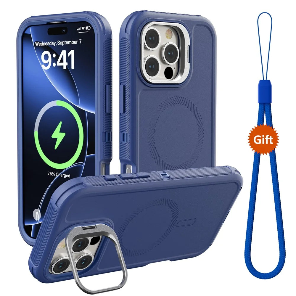 For iPhone 16 Pro Max Magnetic Case Lens Kickstand 3 in 1 Detachable TPU + PC Phone Back Cover with Lanyard - Dark Blue - 1