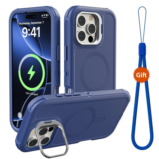 For iPhone 16 Pro Max Magnetic Case Lens Kickstand 3 in 1 Detachable TPU + PC Phone Back Cover with Lanyard - Dark Blue - 1