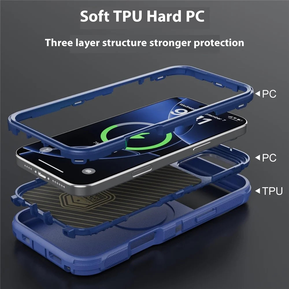 For iPhone 16 Pro Max Magnetic Case Lens Kickstand 3 in 1 Detachable TPU + PC Phone Back Cover with Lanyard - Dark Blue - 3