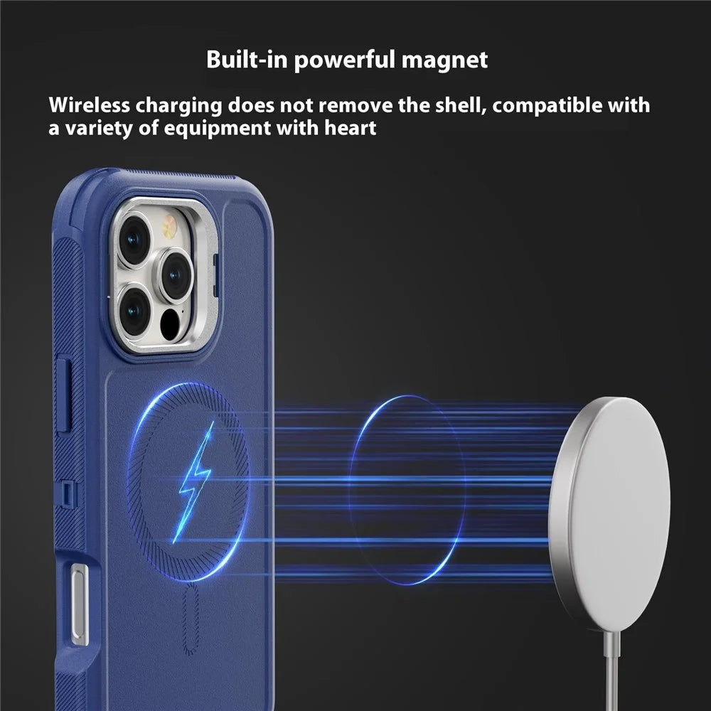 For iPhone 16 Pro Max Magnetic Case Lens Kickstand 3 in 1 Detachable TPU + PC Phone Back Cover with Lanyard - Dark Blue - 4
