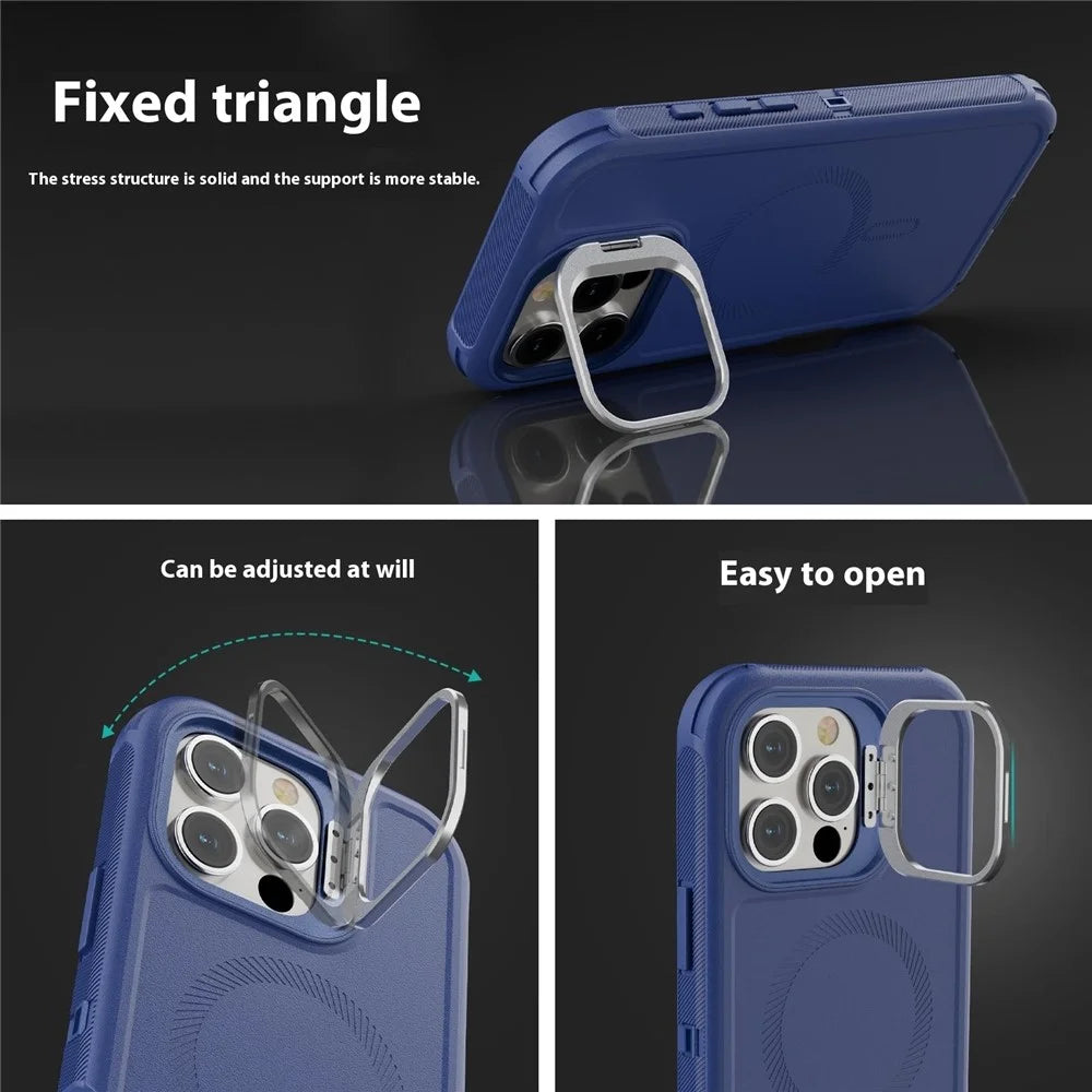 For iPhone 16 Pro Max Magnetic Case Lens Kickstand 3 in 1 Detachable TPU + PC Phone Back Cover with Lanyard - Dark Blue - 6