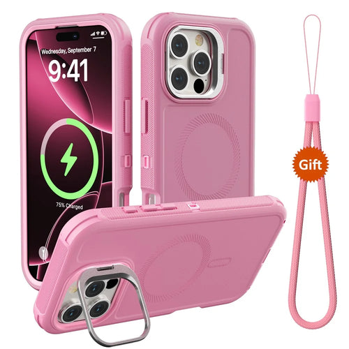For iPhone 16 Pro Magnetic Case Lens Kickstand 3 in 1 Detachable TPU + PC Phone Back Cover with Lanyard - Pink - 1