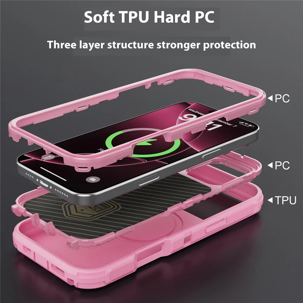 For iPhone 16 Pro Magnetic Case Lens Kickstand 3 in 1 Detachable TPU + PC Phone Back Cover with Lanyard - Pink - 3