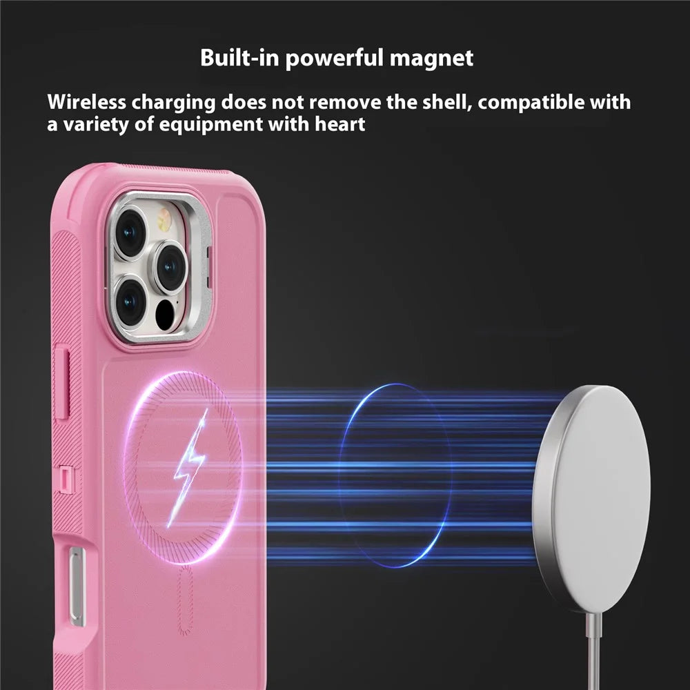 For iPhone 16 Pro Magnetic Case Lens Kickstand 3 in 1 Detachable TPU + PC Phone Back Cover with Lanyard - Pink - 4