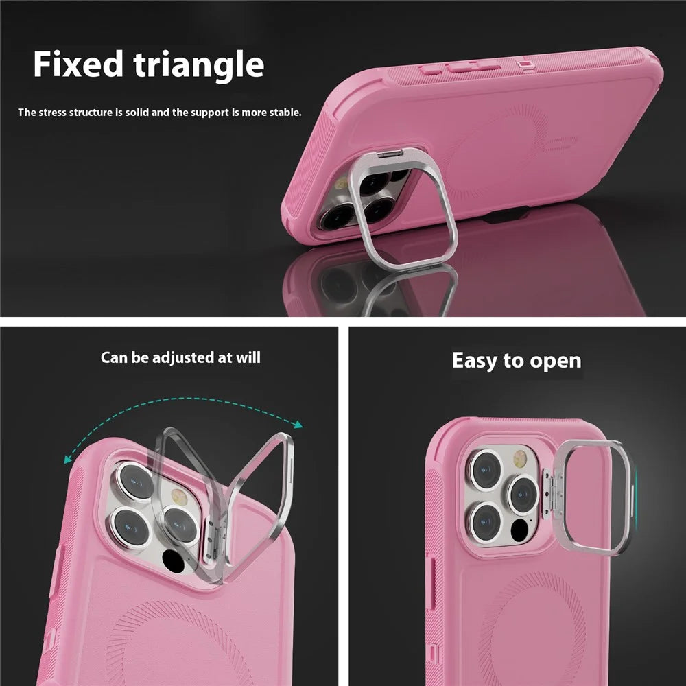 For iPhone 16 Pro Magnetic Case Lens Kickstand 3 in 1 Detachable TPU + PC Phone Back Cover with Lanyard - Pink - 6