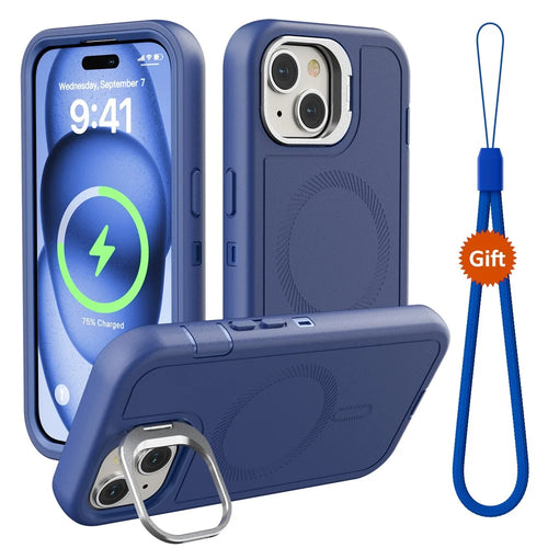 For iPhone 15 Magnetic Case Lens Kickstand 3 in 1 Detachable TPU + PC Phone Back Cover with Lanyard - Dark Blue - 1