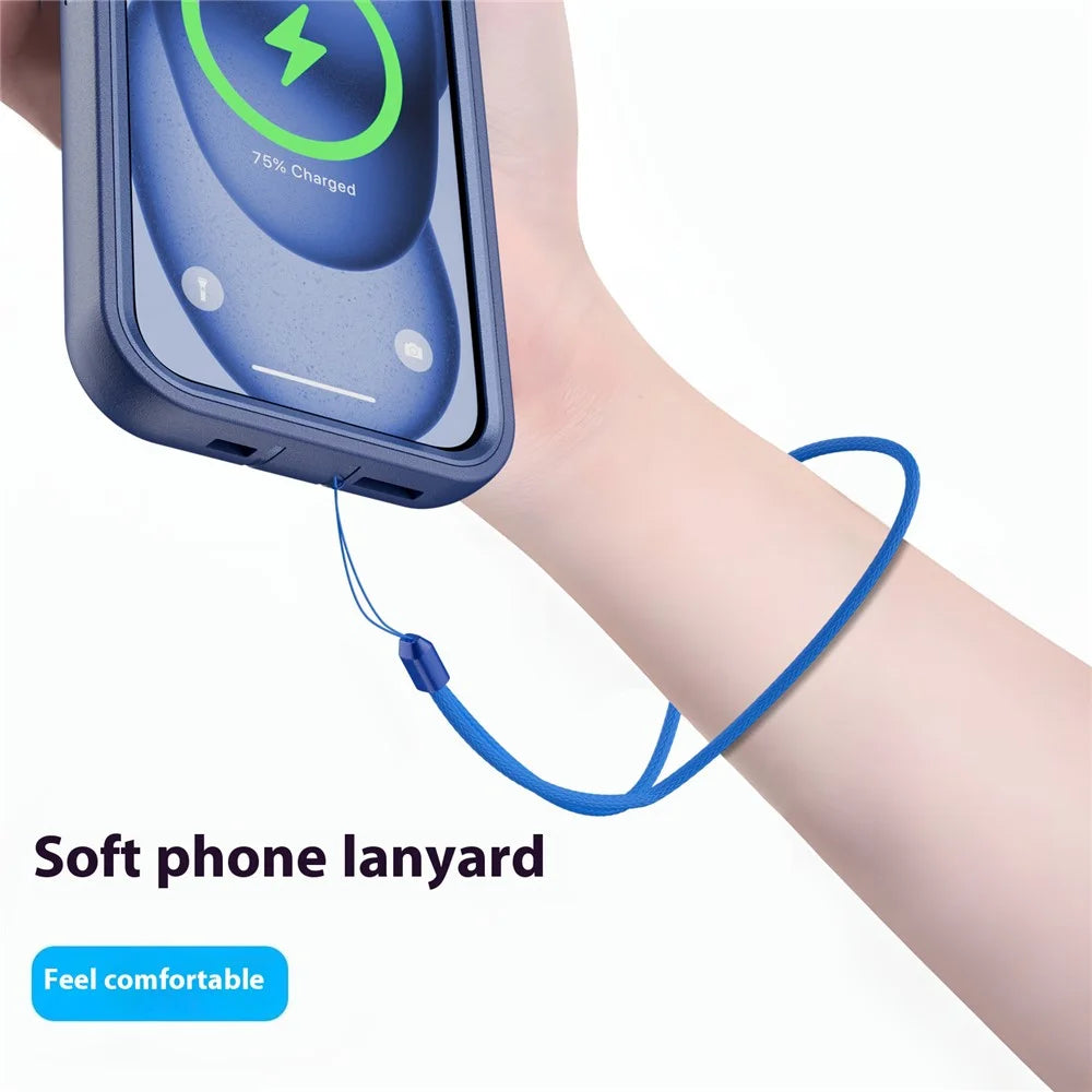For iPhone 15 Magnetic Case Lens Kickstand 3 in 1 Detachable TPU + PC Phone Back Cover with Lanyard - Dark Blue - 2