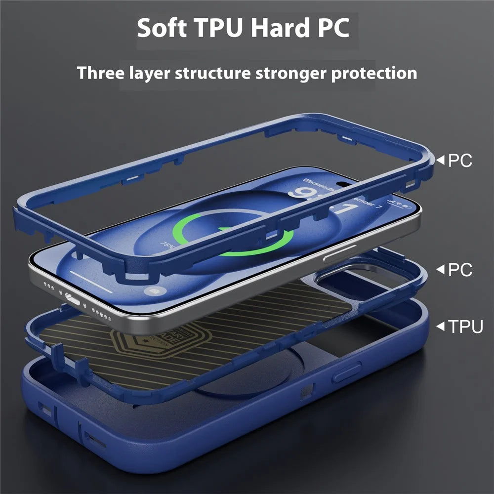 For iPhone 15 Magnetic Case Lens Kickstand 3 in 1 Detachable TPU + PC Phone Back Cover with Lanyard - Dark Blue - 3