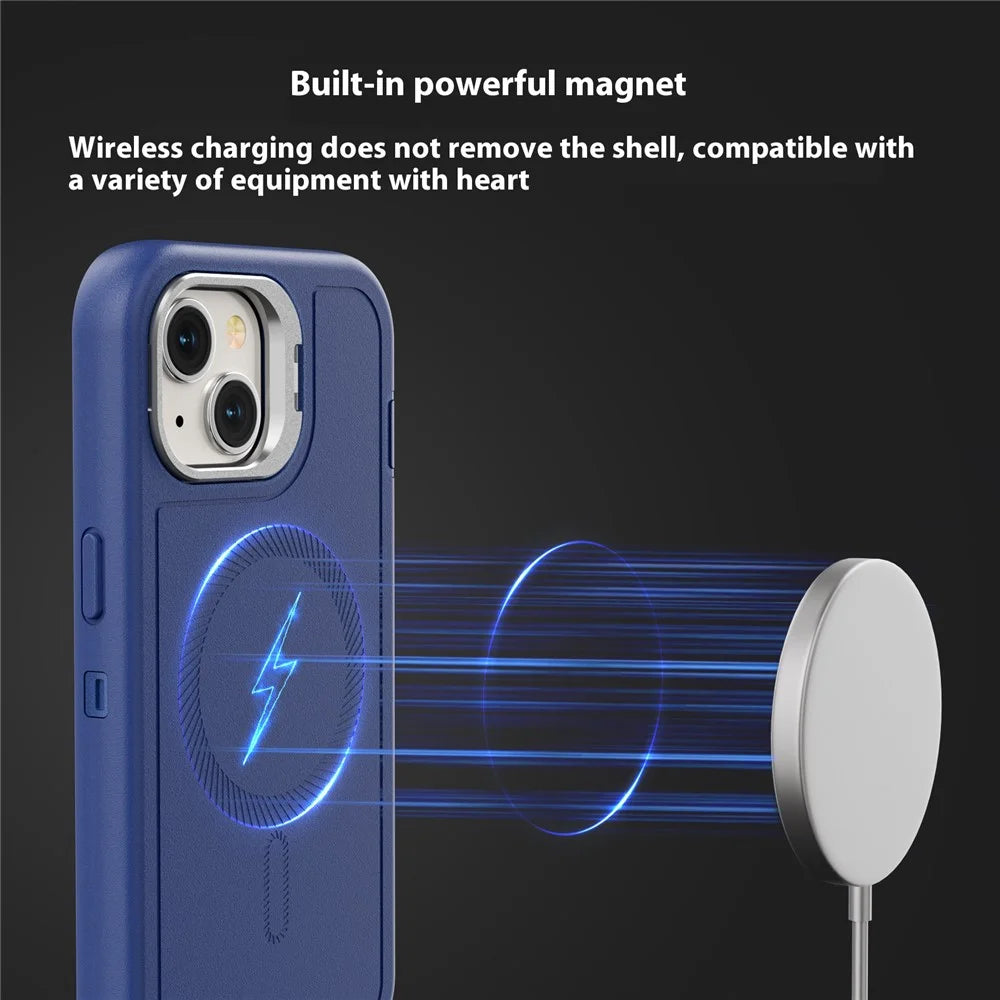 For iPhone 15 Magnetic Case Lens Kickstand 3 in 1 Detachable TPU + PC Phone Back Cover with Lanyard - Dark Blue - 4