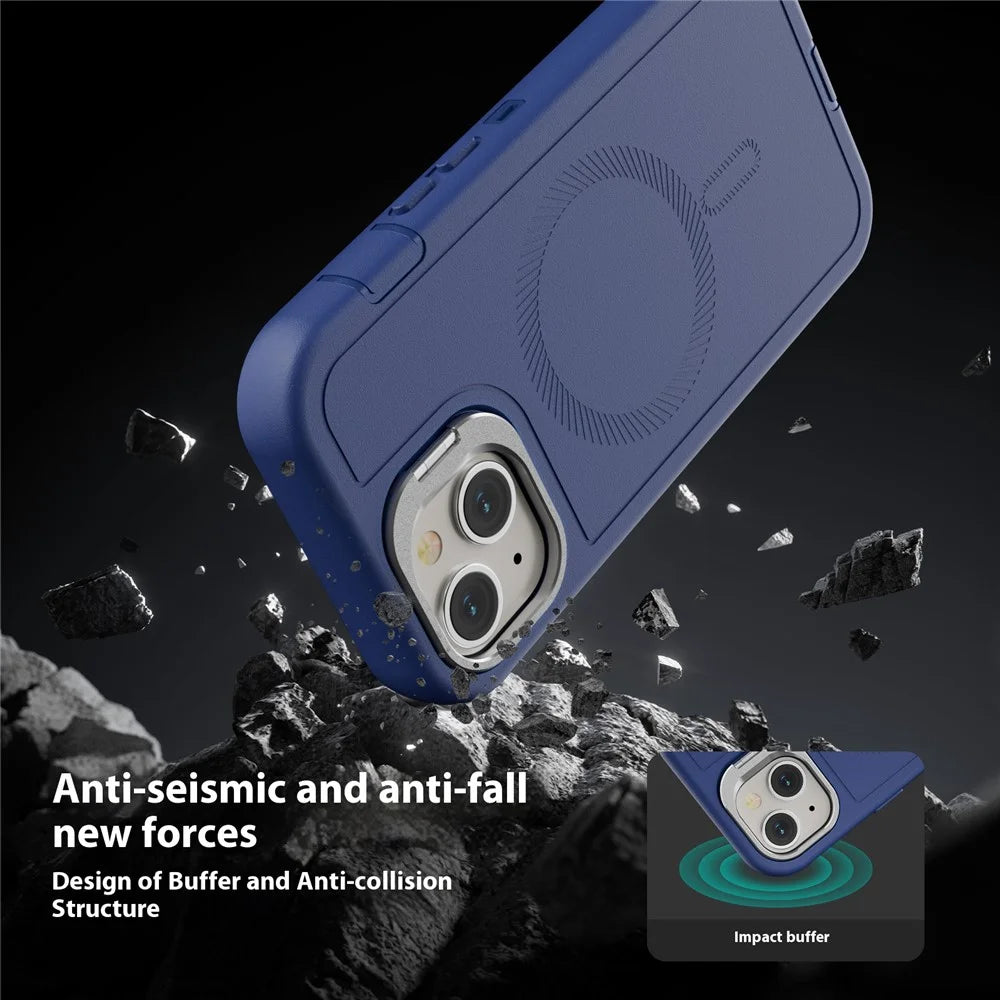 For iPhone 15 Magnetic Case Lens Kickstand 3 in 1 Detachable TPU + PC Phone Back Cover with Lanyard - Dark Blue - 5